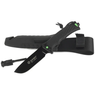 Ніж Ganzo G8012V2 чорний з паракордом та кресалом. Вуглецева сталь